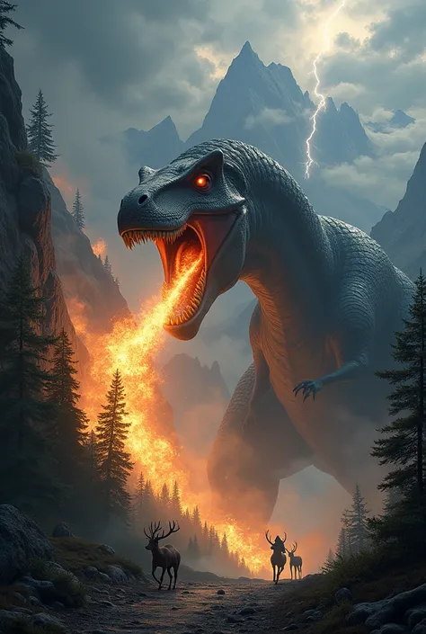 A monstrous dinosaur coils around with fire coming out of its mouth, trees around a mountain on top of a mountain under a dramatic stormy sky, and a deer fleeing down that mountain.