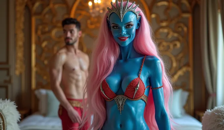 extremely beautiful, perfect body. Canon RF85mm f/1.2, 8K, lifelike, full body: 1.3, masterpiece, sharpest and highest contrast, super realistic color images. alien queen with blue skin, her hair is pink, long and smooth, the wind blows her beautifully und...