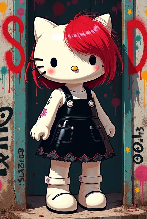  Create an image of a hello kitty with short hair and red hair and with a black dress and that on the back says SXM GROUNDX with graffiti design , Here is a sketch for you to help yourself  .