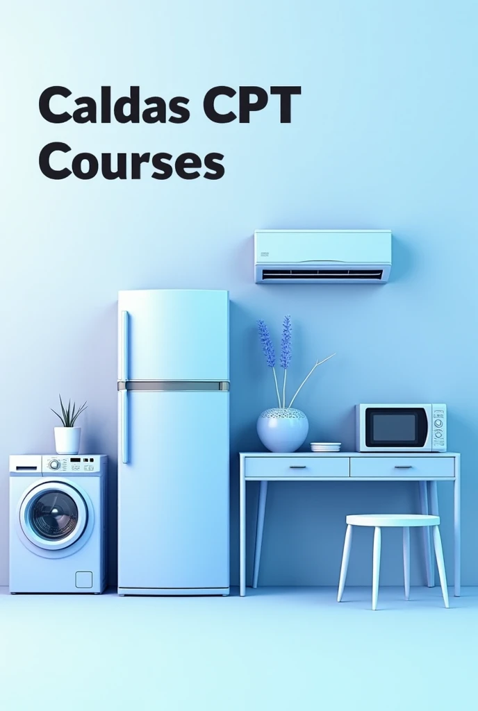  Create an image with the TITLE CALDAS CPT COURSES with organized refrigerator objects,air conditioning, microwave and washing machine in shades of blue and white put a title CALDAS CPT COURSES IN A STRIKING TONE in the color black place a title in bold CA...