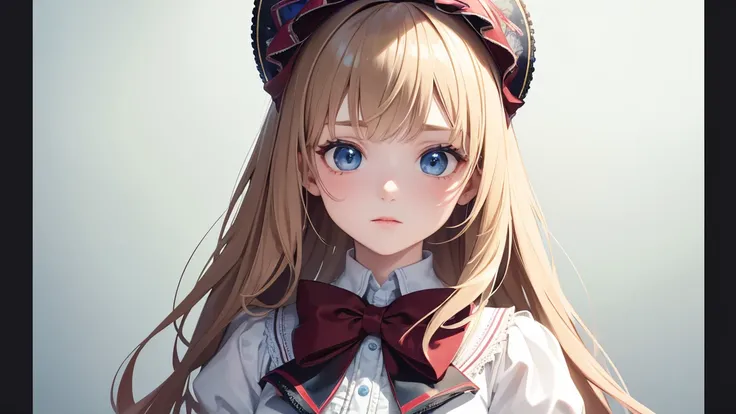 1girl, masterpiece, best quality, 8k, detailed skin texture, detailed cloth texture, beautiful detailed face, intricate details, ultra detailed, Alice in Wonderland, (a bow on her head:1.1), upper body