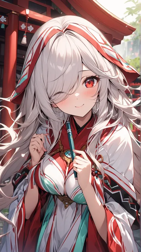 ( best quality, ),  beautiful woman (Red eyes), elements that play gagaku. well-groomed face from a sense of distance、 shy expression 、 Silver Hair、 red eyes、smile( close one eye、Looking up)、 Ultra High Definition, Shrine maiden、Perfectly combine 、One eye ...