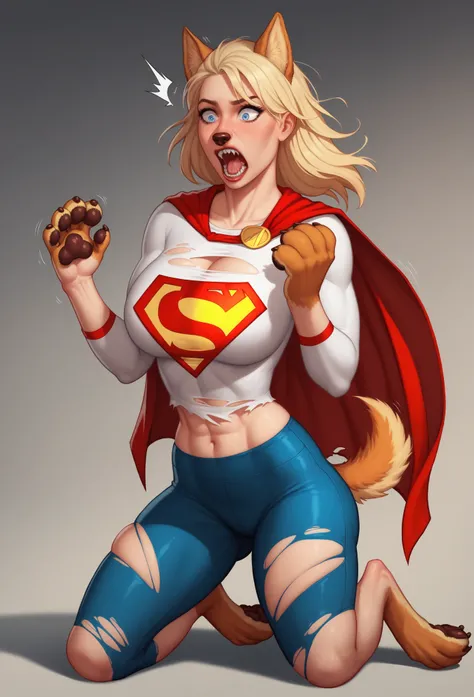 lap, looking shocked, looking surprised, painful expression, (Supergirl is getting transformed into a female dog), digitigrade, Supergirl is getting transformed into a female dog, ripped clothes, breasts, large breasts, bust, BREAK (by zackary911, by braeb...