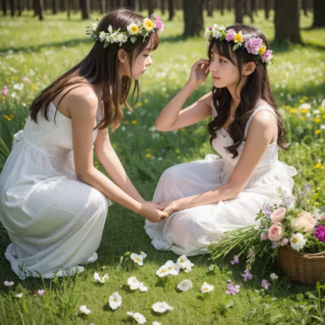 Symptoms of making flower crowns in a field of flowers in the forest