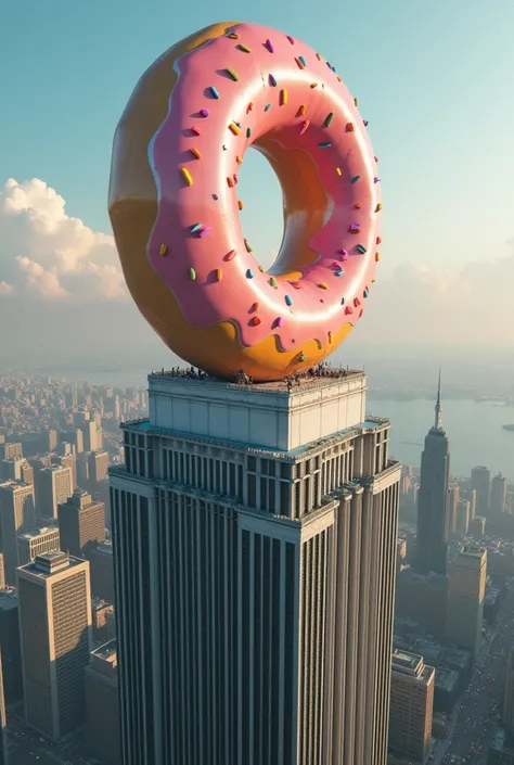 O giant donutrs on the top of a building 