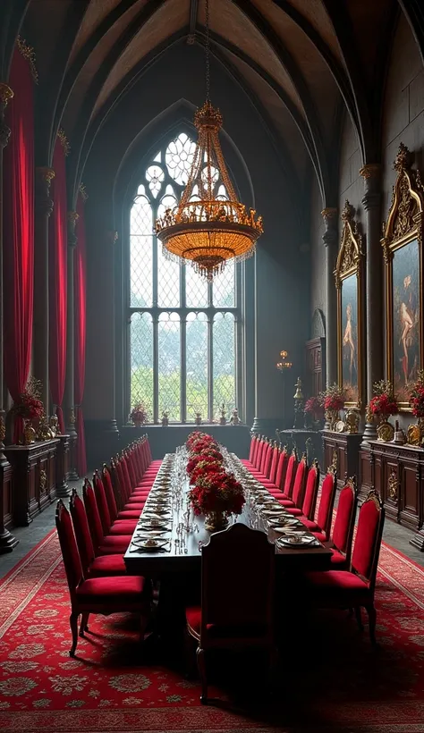 A stunning dining room in a gothic castle. The walls are dark stone, and the ceiling is high and vaulted. A large, ornate chandelier hangs over the long, dark wooden table, which is set with elegant china and silverware. The chairs are upholstered in rich,...