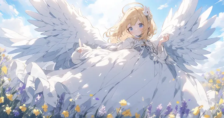 Winged angel walking through a field of flowers　 low angle　anime