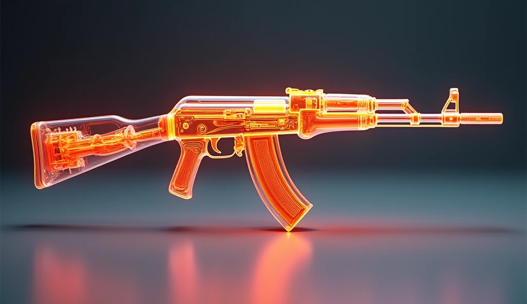 Create an 8K hyper-realistic image of an AK-47 assault rifle that is fully transparent with internal components rendered in neon orange. The entire rifle, including the frame, stock, barrel, receiver, bolt carrier group, trigger mechanism, gas tube, and ev...