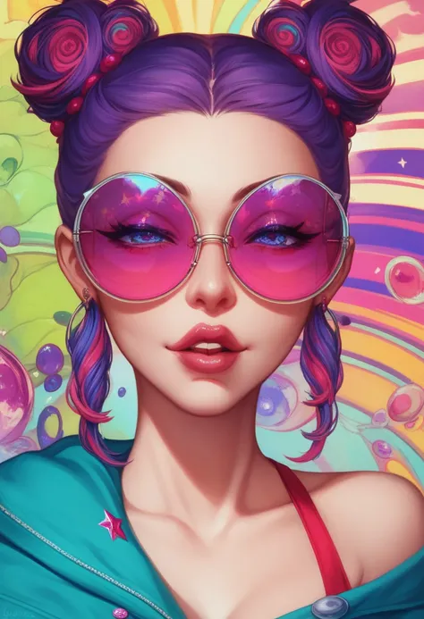 A 1960s-inspired pop art portrait of a woman wearing oversized round sunglasses, reflecting a colorful checkerboard pattern. Her hair is styled in a voluminous beehive and painted in vibrant shades of purple. The background features a swirling psychedelic ...