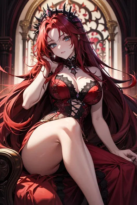 A stunning red-haired woman with long, flowing crimson hair, wearing an elegant and magical outfit. Her eyes glow with a mysterious ruby hue, and she stands in a majestic gothic-style room with a throne behind her, surrounded by mystical energy.