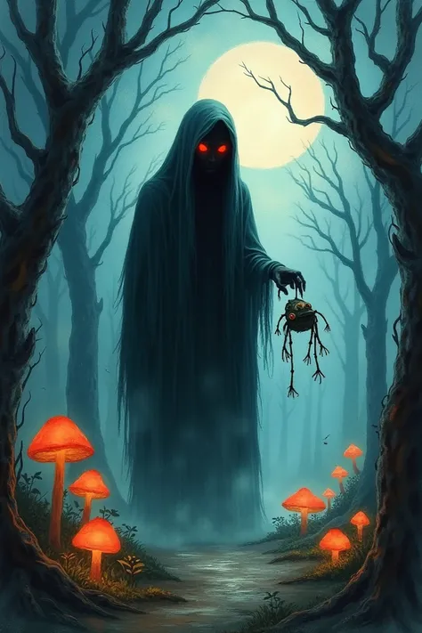 Watercolor painting in the style of "A haunting scene of a forest spirit called Peepong. It is a mysterious, dark, shadowy figure with glowing red eyes and a thin layer of mist around it. The spirit is holding a dead frog in its hand. The background is an ...