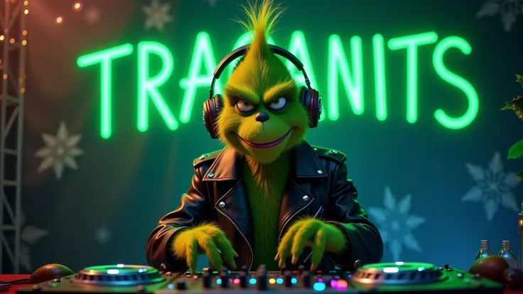 A hyper-realistic depiction of the Grinch as a DJ, standing confidently in front of a high-tech mixing table with glowing buttons and sliders. He wears stylish headphones over his furry green head, his mischievous, evil grin adding personality to the scene...