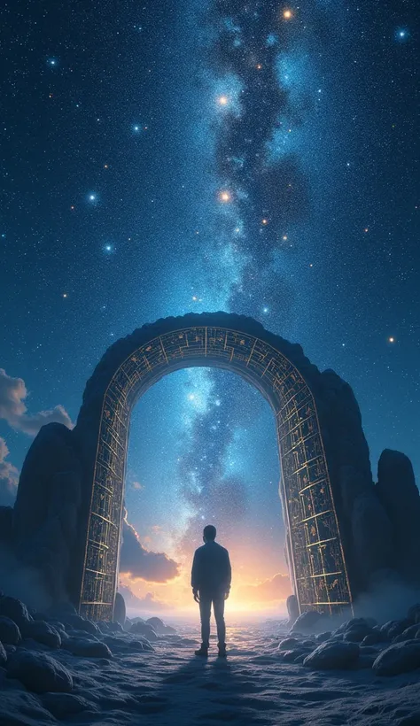  A cosmic setting with a human figure looking up at the starry sky,  where constellations form a silver and gold gate of .  Include a highlighted sentence :  The universe has something bigger for you .  Discover !Use deep blue tones ,  to create a magical ...