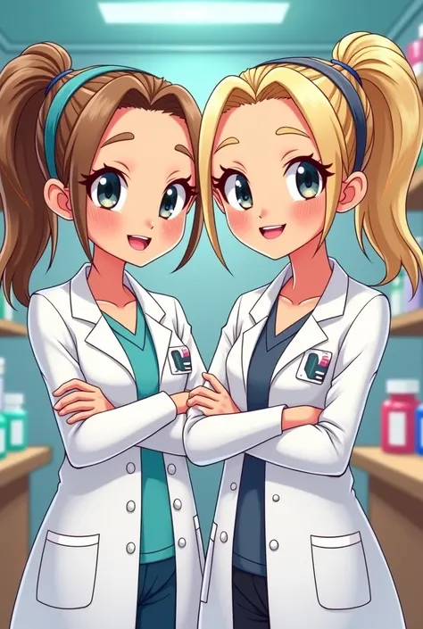 Make a cartoon of a blonde girl in a ponytail and in a pharmacists robe and another dark blonde girl with a band in her hair and a pharmacists robe