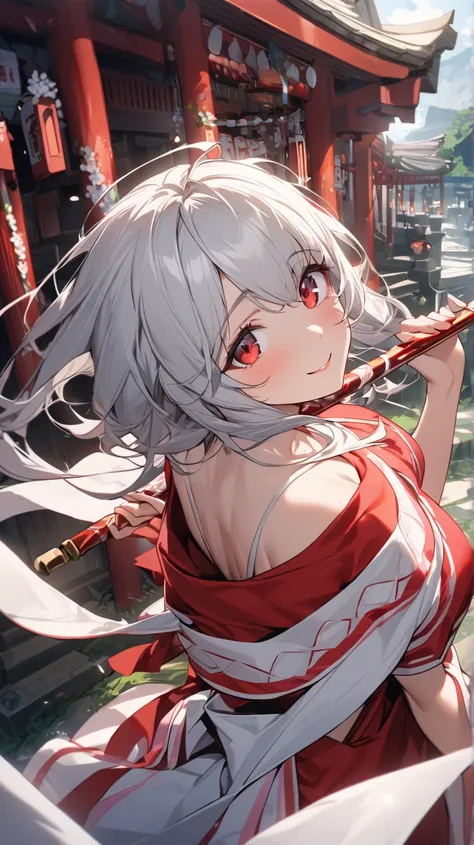 ( best quality, ),  beautiful woman (Red eyes), elements. well-groomed face from a sense of distance、 shy expression 、 Silver Hair、 red eyes、smile( close one eye、Looking up)、 Ultra High Definition, Shrine maiden、Perfectly combine 、One eye is covered by hai...