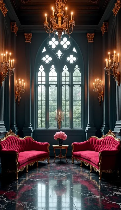 The room is decorated in a dark and moody color scheme, with black and red marble floors, dark walls, and red velvet furniture.
Furniture:
The room features two ornate red velvet sofas with gold frames, and several small tables with gold accents.
Windows:
...