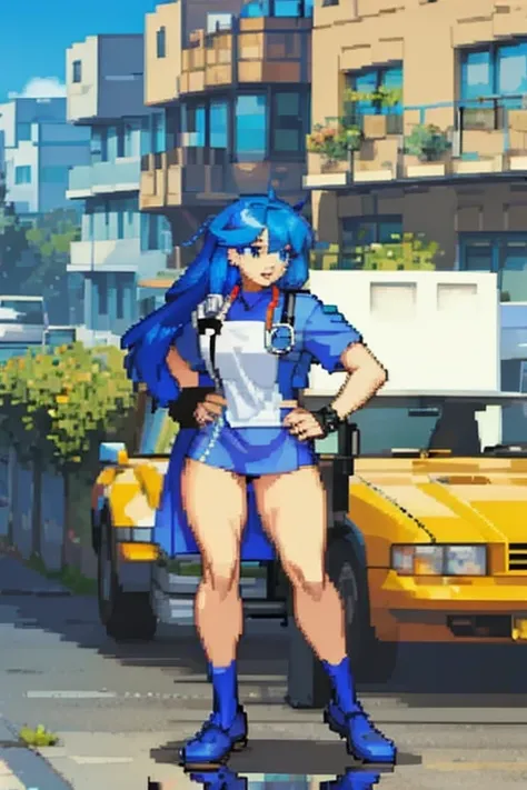 a woman with blue hair, With doctors clothes in a hospital from the 2000s.  with a full body.
