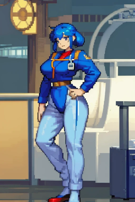 a woman with blue hair, With doctors clothes in a hospital from the 2000s.  with a full body.
