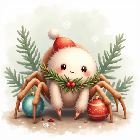 Very cute little fad fluffy spider with christmas decor, lovely, watercolor