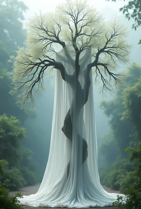 A tree wrapped in white cloth