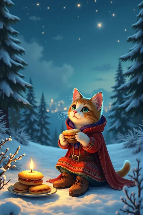  A fairy-tale cat in a snowy forest sits in felt boots with caviar sandwiches  ,wearing Russian folk clothes and singing songs  , night sky around snow-covered trees spruce trees in the distance you can see city lights in the sky stars