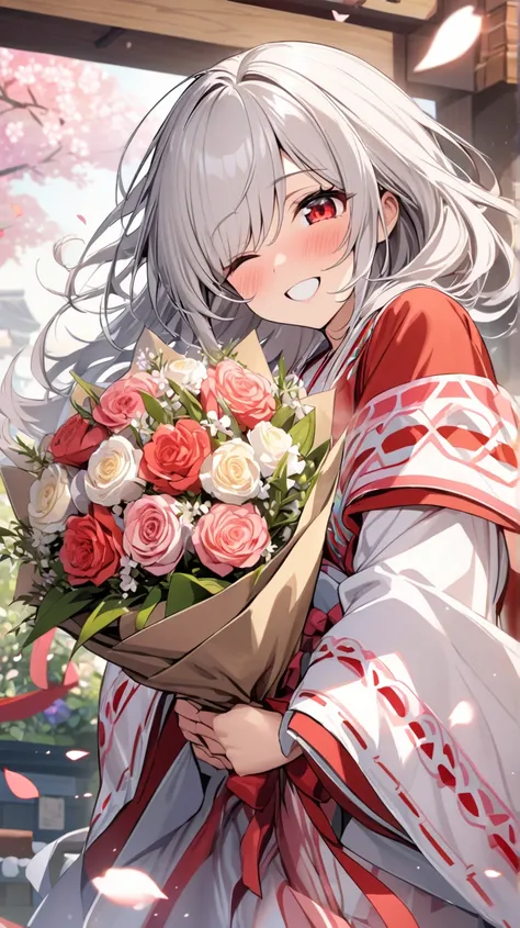 ( best quality, ),  beautiful woman (Red Eyes ), elements that play gagaku、heart、 Silver Hair,Shrine maiden， well-groomed face from a sense of distance、smile、 cute expression (目がheart、 close one eye、)、 winks、 red eyes、bouquet、綺麗なbouquet、 Petals Fluttering ...