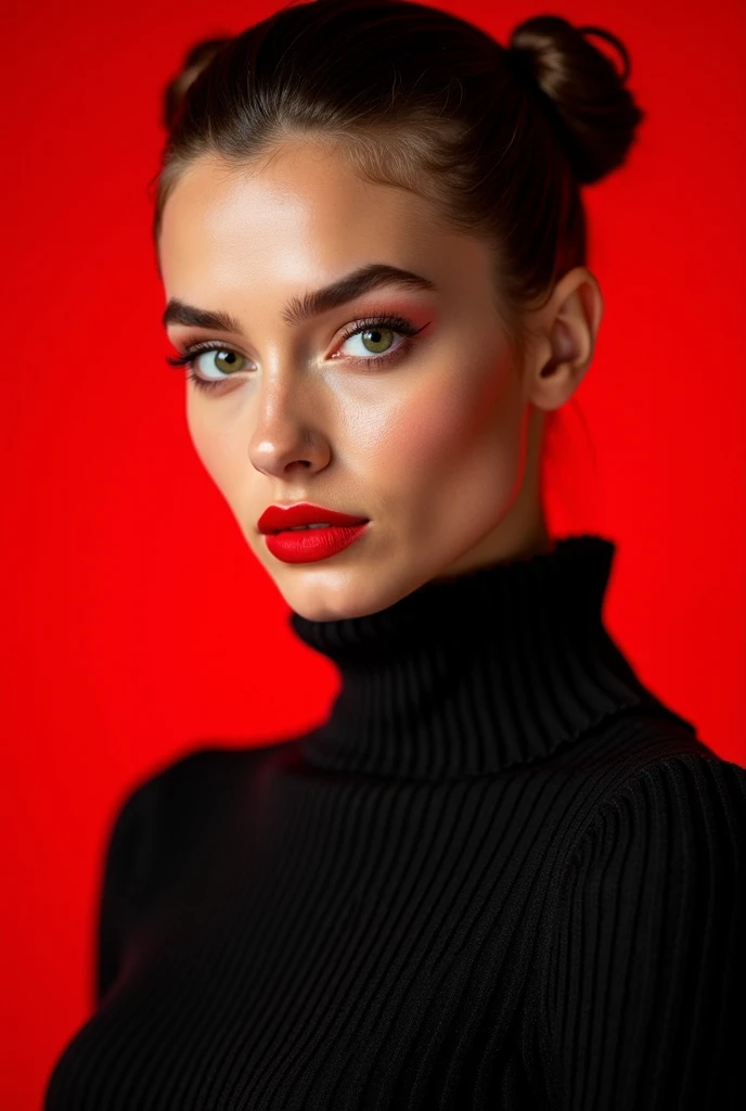 A high definition magazine style portrait of a confident and mysterious European beauty with tan hair, dark sleek updos and bright red matte lips. With her beautiful green eyes and a highly textured black top that accentuates her strong and stylish attitud...