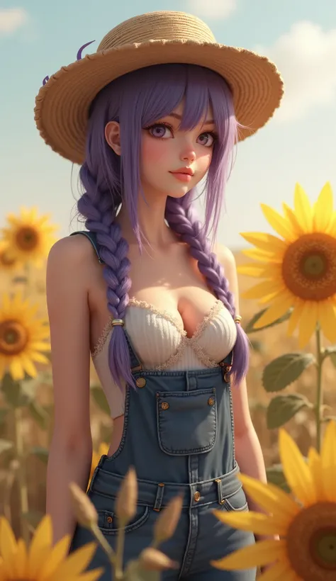 Hyper realistic,  gigantic breasts, overalls, braid, naked overalls, 1girl, sunflower, twin braids, straw hat, solo, hat, long hair, breasts, field, flower, blurry, wheat, single braid, lips, suspenders, depth of field, outdoors, medium breasts, purple hai...