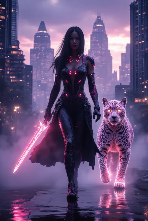 Cinematographic photograph of a stunning female warrior strides forward in sleek black and neon red armor with glowing circuitry patterns. Her weapon is a radiant energy blade that pulses with digital power. Walking beside her is a two large, ethereal pant...