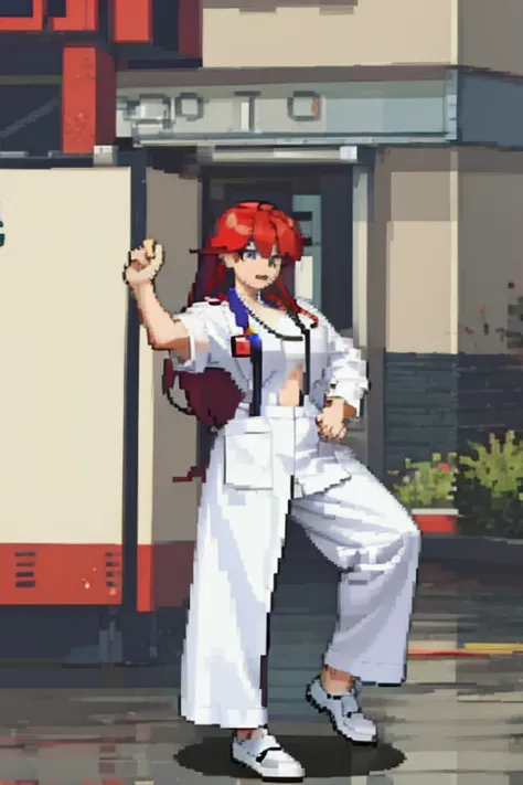 a woman with red hair, wearing doctor's clothes with lab coats and white pants in a hospital from the 2000s.  with a full body.