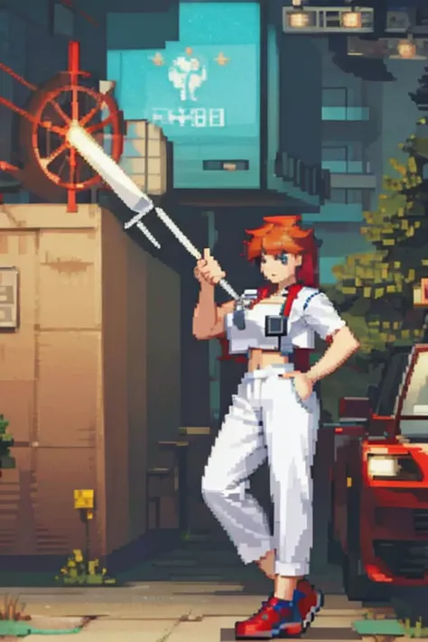 a woman with red hair, wearing doctor's clothes with lab coats and white pants in a hospital from the 2000s.  with a full body.