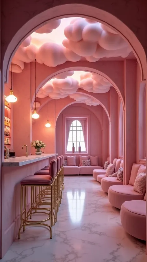 Design a whimsical bar interior inspired by a dreamy, surreal aesthetic. The space should feature vibrant pink walls resembling soft marble, with illuminated, cloud-like light fixtures mimicking a whimsical sky. Include plush seating in soft pink tones, a ...