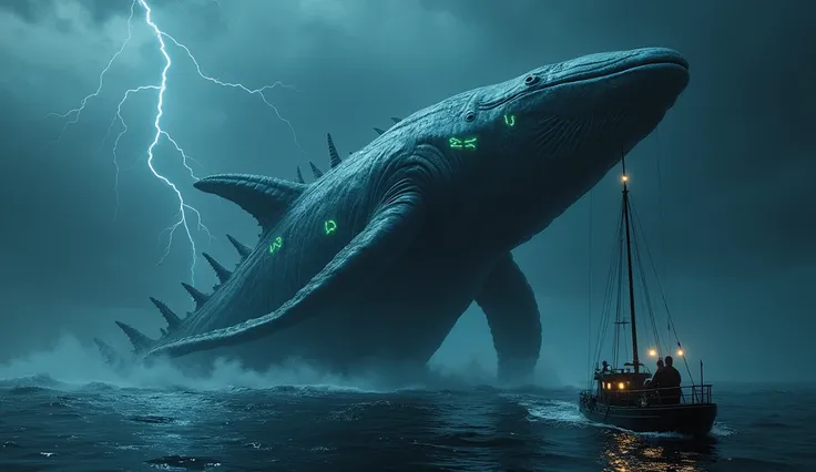 Ultra-realistic, a massive alien sea creature with whale-like proportions emerging from the dark ocean, its skin a mix of iridescent scales and glowing alien runes, towering above a research vessel in the vast open sea, faint tendrils of bioluminescent lig...