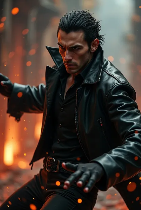 Hyperrealistic photo of handsome vampire fighting wearing high resolution black leather jacket, High Resolution, High Resolution, 