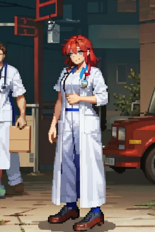 A woman with red hair, Wearing doctor clothes with lab coats and pants in a hospital from the 2000s.  with a full body.
