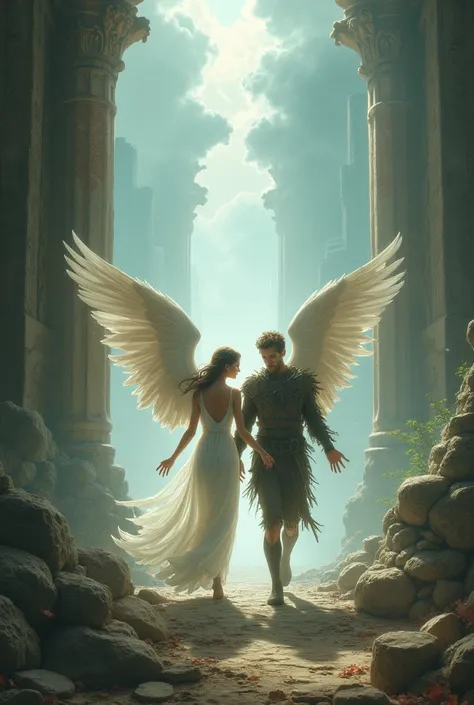 An angel woman and a fallen angel man pass each other in a fantastic background