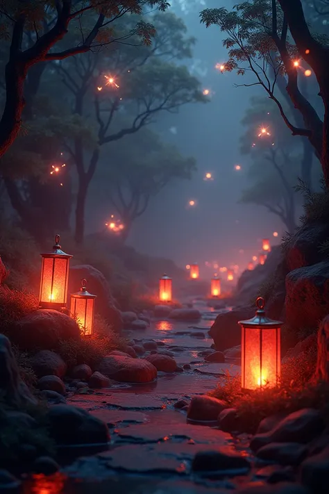 magical landscape, with fireflies and lanterns ,  dark and red tones