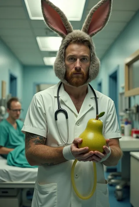 Male nurse , with a rubber pear-shaped enema in his hands and wearing a hare suit and a medical gown with a patient in the background