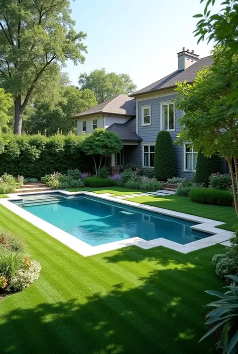  Beautiful pool in the back of a house . Lots of grass and 