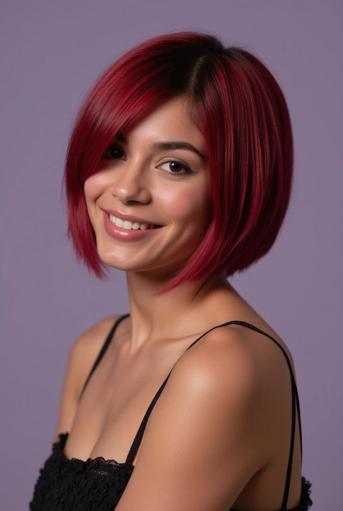 A young latina woman with a beautiful short straight red hair placed over her shouders, smiling and looking directly at the camera, wearing a dark narrow strap dress. Hair lines perfectly detailed. Pale violet grey background. Realistic shadows and reflect...