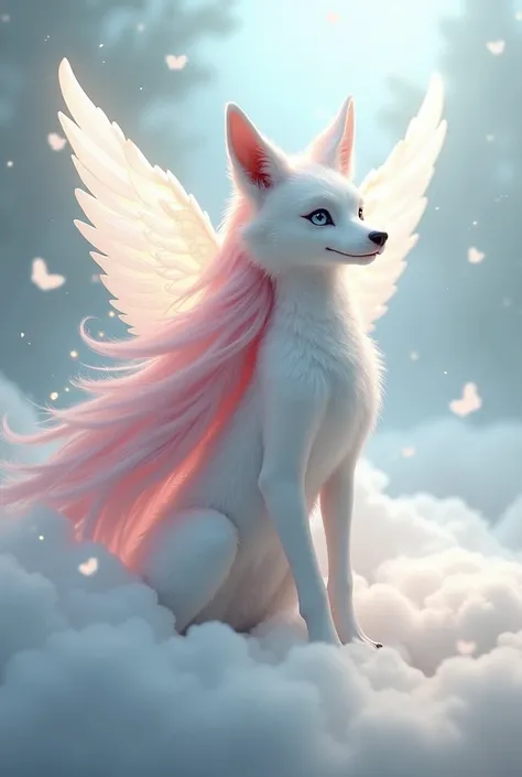 A Furry character with a white body and clothing that is a white wolf with long pink hair that has angel wings and its appearance is androgenic