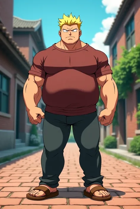 Tall Man, with round face, with short yellow hair, muscular, in Anime, wearing his mahogany shirt, wearing his dark Gray pants, brown sandals, standing on the road brick way