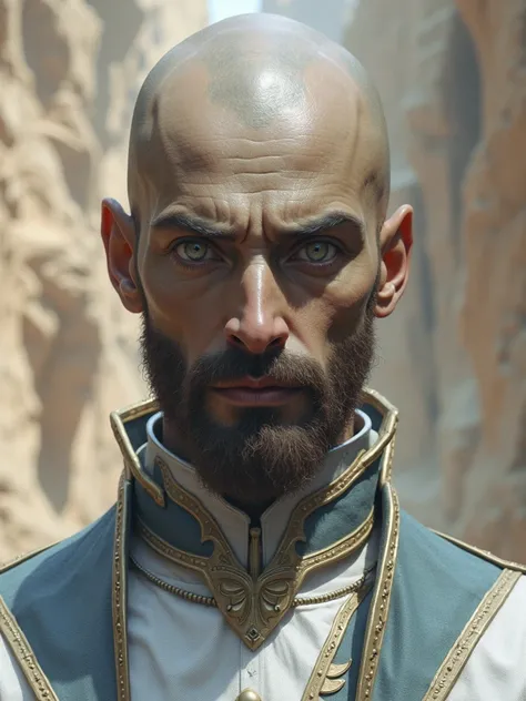 ( Countless award-winning masterpieces, with incredible details), (( extremely beautiful face )), (( symmetrical gray eyes and precisely detailed )), ( He has to be dark brown and full of beards and wearing bald hair), (A majestic spectacle), (His face is ...