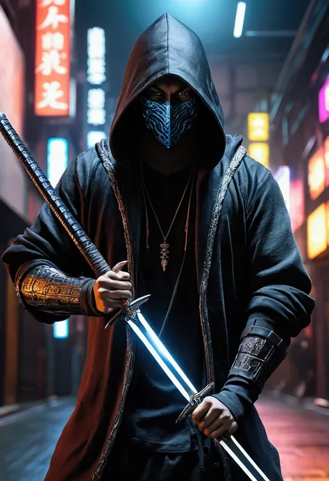 arafed image of a man in a hoodie holding a sword, cyberpunk samurai, mystic ninja, ronin, cyberpunk assassin, katana zero video game character, mk ninja, urban samurai, cyborg ninja, epic ninja suit, inspired by Kanō Hōgai, cyberpunk street goon, thief wa...