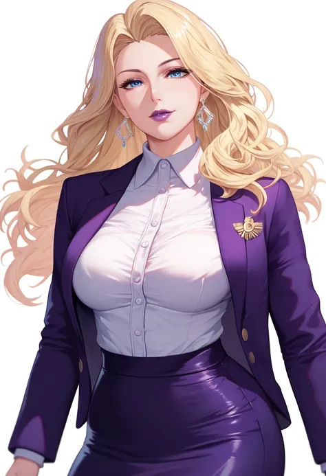 best quality, glossy, 4k, ((artwork)), extremely detailed, 8k, beautiful, mature woman, blonde long hair, purple lips, dark blue eyes, dark purple blazer, skirt, white background, front view, president, USA president, standing