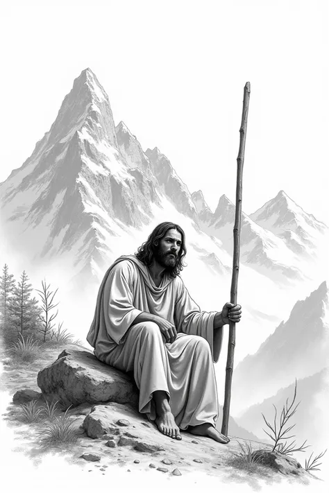 Jesus Christ sitting on a rock holding a staff with mountains in the background ,sketch image 