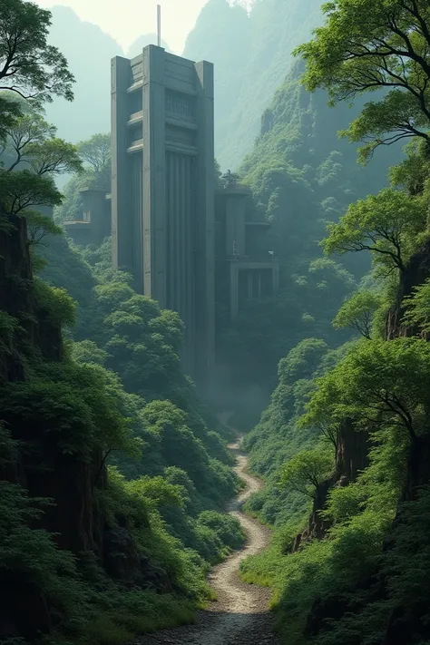 A large and impressive secret spy academy surrounded by forest