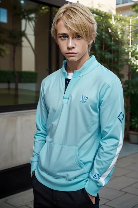 masterpiece, best quality, high quality, 1boy, solo, blonde hair, male focus, teenager, looking at viewer, complete body, hoshino_aquamarine, symbol-shaped pupils, casual clothes (school clothes), outdoor
