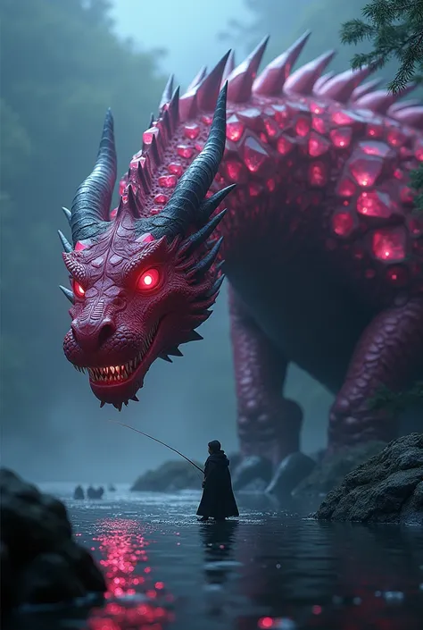 In the dark, a ferocious dragon with large, dark pink diamonds all over its body is fishing in Yeouiju