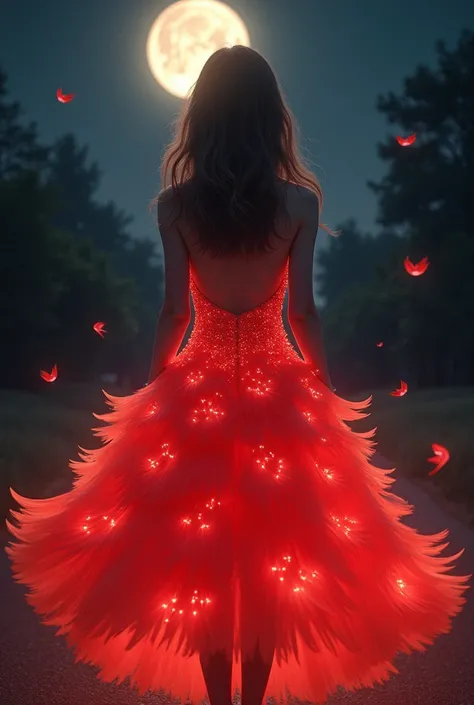 Illuminated by the moonlight at night, the light is shining 。 A cute high school girl is wearing a red dress that looks like a red rose like a flamingo feather。It reflects light and shines brightly
It has a fantastic and mysterious atmosphere 。
